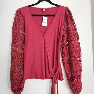 Willow & Root Red Lace Sleeve Wrap Blouse